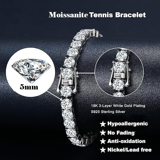 Moissanite Tennis Bracelet,5mm D Color VVS1 Round Cut Moissanite Bracelet for Women Men Jewelry Gift ﻿