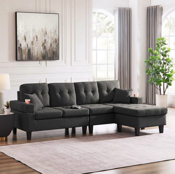 95" Wide Linen Reversible Modular Sofa and Chaise