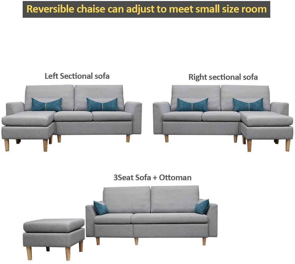 L-Shaped Sectional Sofa with Stool, Reversible Chaise