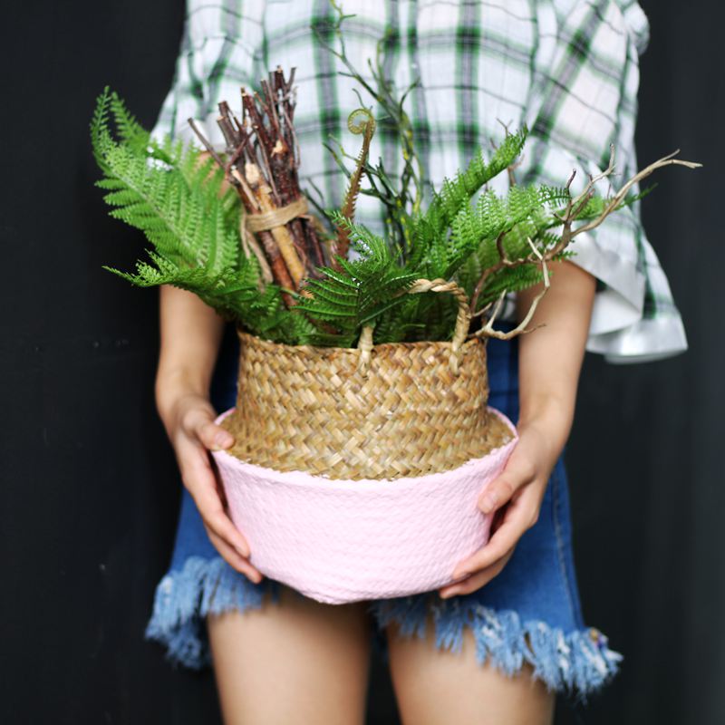 knitted basket | Handmade Folding Basket Rattan Straw Flower Pot Planter Wicker Clothing Toy Storage Basket - Metfine
